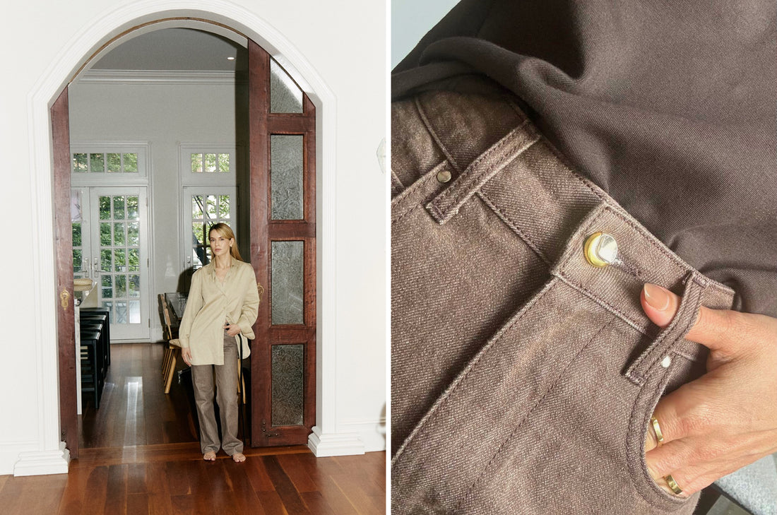 Talia wears the Drift Jean in Loam Wash