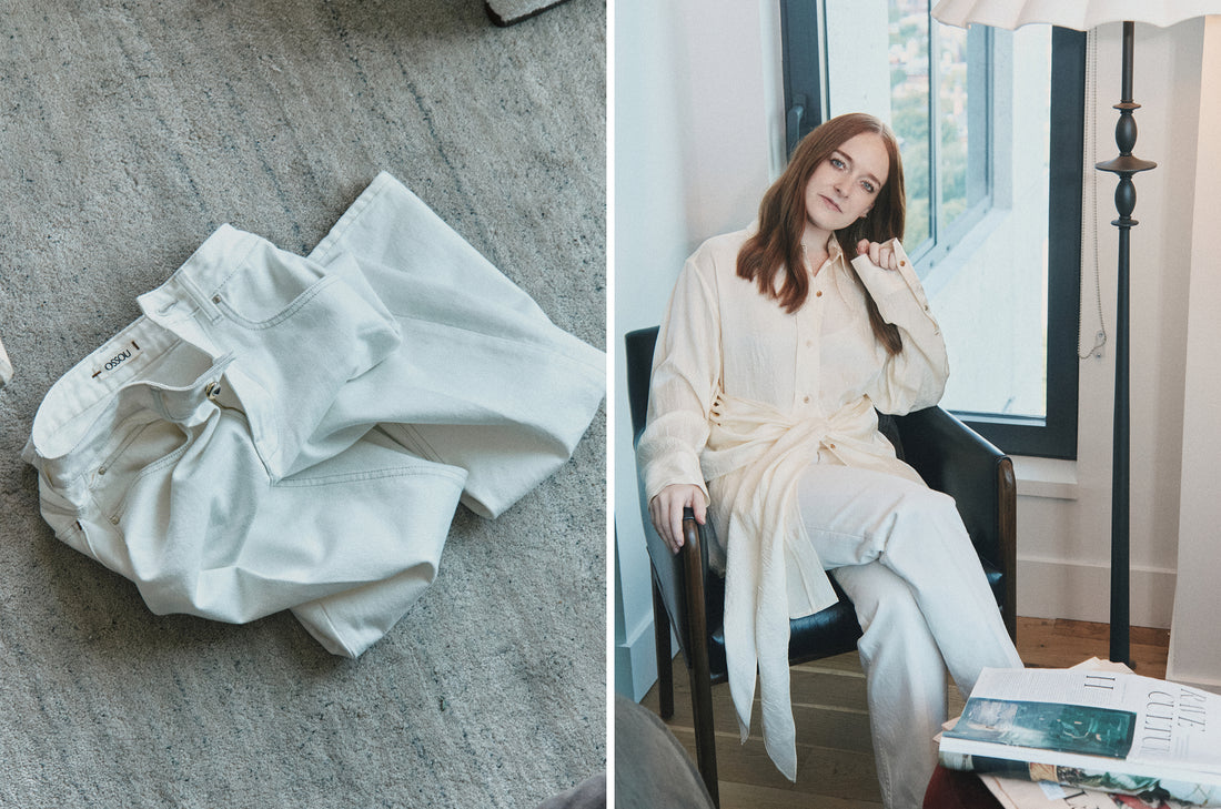 Libby wears wears the Drift Jean in Milk Wash